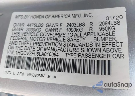 2020 Honda Accord Touring из США, поврежденный, VIN 1HGCV2F96LA010094